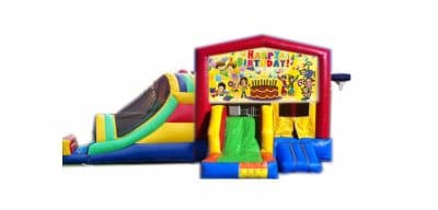 Happy Birthday-themed inflatable bounce house and jumper rentals