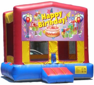Happy Birthday-themed inflatable bounce house and jumper rentals